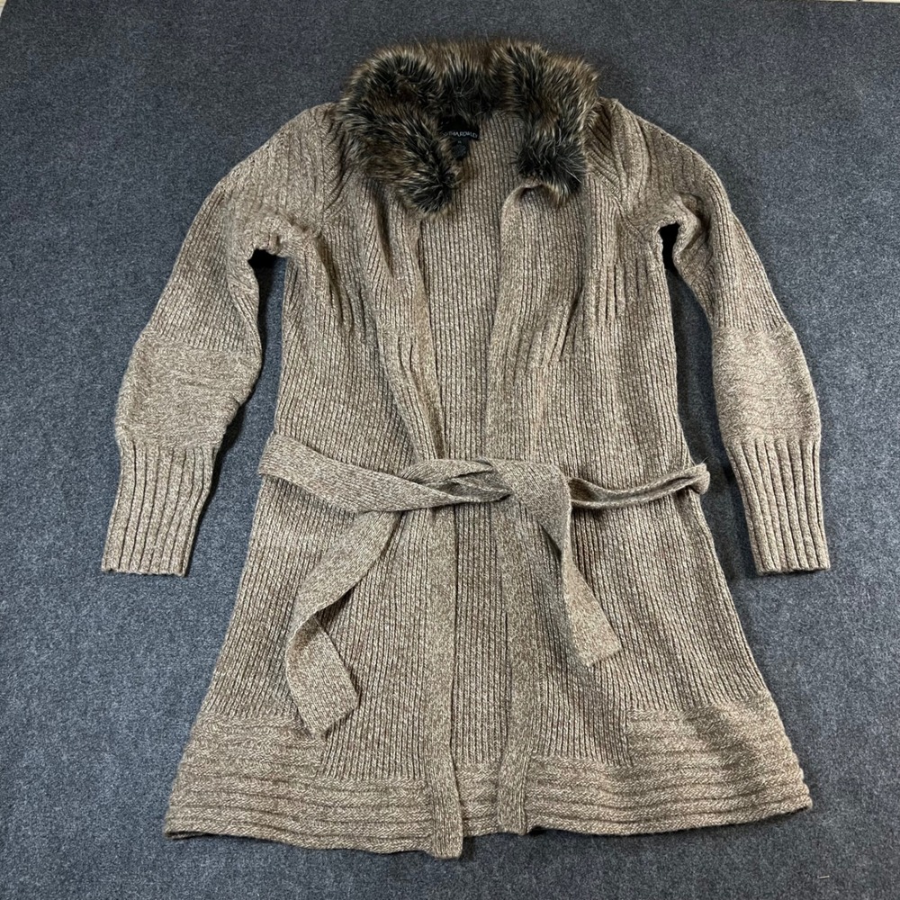 Cynthia Rowley Wool Blend Faux Fur Collar Belted Long Cardigan Sweater Taupe XL